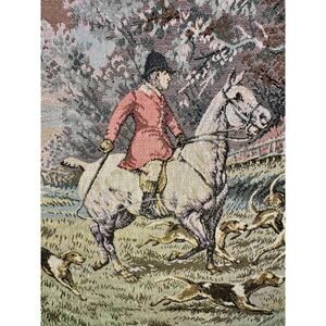 Vintage Fox Hunt Woven Tapestry Panel Horse Hounds Equestrian Scene 18x19